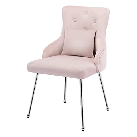 adochr Upholstered Velvet Dining Chair, Living Room Chair with Armrests, Vanity Chair with Button Back and Metal Legs, Pink Cover