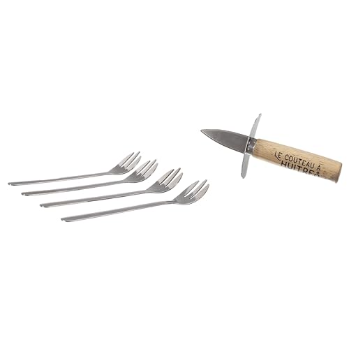 COOK CONCEPT - KU6545 - Coffret à huîtres avec 1 couteau en acier inoxydable et 4 fourchettes - dimensions 20 x 18 x 3 cm - couleur bois et acier - Idée Cadeau