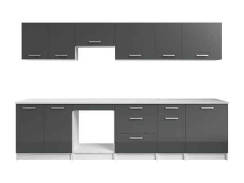 Vente-unique - Cuisine compléte - avec Plan de Travail 300 cm - Gris Brillant et Blanc - TRATTORIA