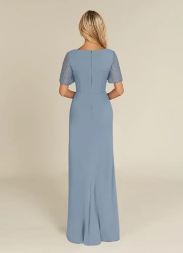 Beads Short Sleeve V-Neck Wedding Guest Dress with Slit Chiffon Mother of The Bride Dresses Formal Evening Party Dress3