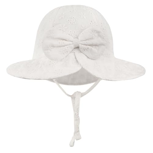 INSPUTOL Baby Girl Sun Hat Cotton Bucket Hat with Embroidered Flowers and Bow Wide Brim Summer Cap for Infants & Toddlers 6-12 Months(White)