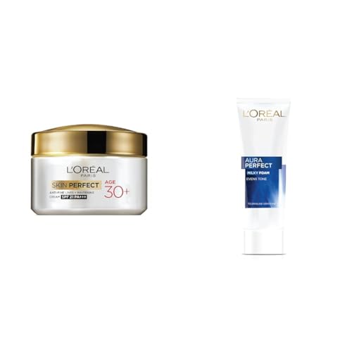 Image of L'Oreal Paris Anti-Fine Lines Cream, With SPF21 PA+++, Fights Signs of Aging, Day Cream, For Users Over 30, Skin Perfect 30+, 50g & L'Oreal Paris Aura Perfect Milky Foam Facewash, 100ml