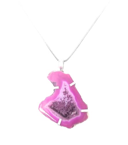 Image of Pink Agate Druzy Pendant Necklace, Natural Stone, brass Chainsilver coated Geode Jewelry