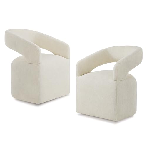 Image of KISLOT Upholstered Dining Chairs with Casters, Modern Barrel Side Armchair with Rollers for Dining Room, Bedroom, Kitchen, Reading Room, Cream Beige, Set of 2