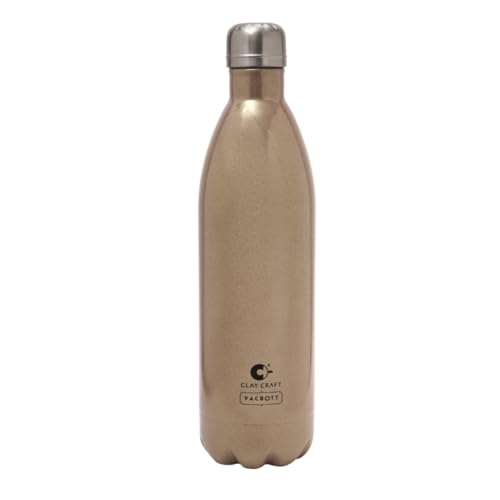Image of Clay Craft Vacbott Vaccum Bottle, Stark Sparkle Double Walled 24 Hours Hot and Cold Water Bottle - 1 Piece - 1000 ml (Sparkle Gold) Water Bottles for School, Office, Home, Gym, Leakproof, Rust free