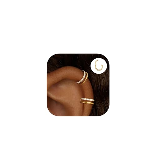 2 PCS Small Cartilage Double-Hoop Helix Conch Piercing Earrings With Cubic Zirconia For Women Trendy 14K Gold Plated Titanium Surgical Stainless Steel Sets Jewelry (Zircon Gold, 2pcs-16g-8mm)