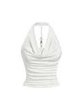 GORGLITTER Women's Cowl Neck Ruched Halter Top Draped Metal Decor Slim Fit Elegant Tops White Medium