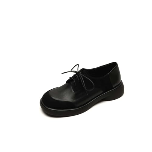 TinaCus Womens Leather Oxfords Handmade Patchwork Lace-up Chunky Heel Casual Shoes (Black, US7.5)