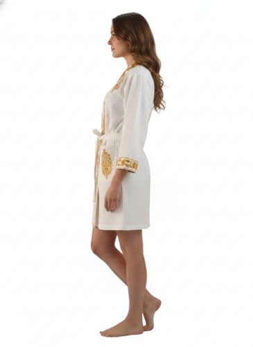 Image of Hand Block Print Cotton Waffle Fabric Short Bathrobe For Women's Ultra-Soft & Lightweight After Bath Spa Bathrobe Dress Women Bath Robe Dress | Highly Absorbent Mustard Yellow Printed