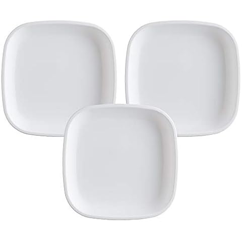 Re-Play Made in USA 7" Toddler Plates, Set of 3 Without Lid - 22 Oz. Deep-Walled and Stackable Plastic Plates, Dishwasher and Microwave Safe - 7.37" x 7.37" x 1.25" Kids Plates, White Cover