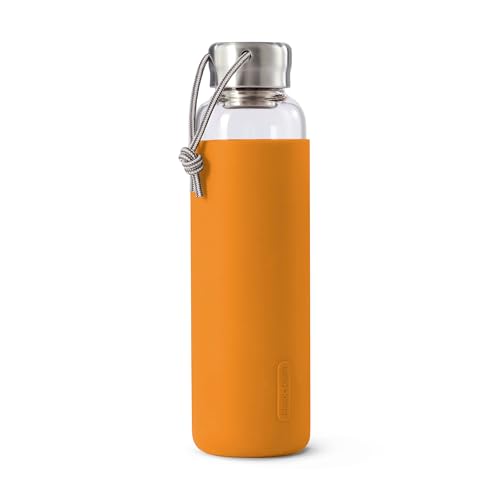 BLACK + BLUM Bouteille d'eau de voyage en verre étanche et légère avec manchon de protection, en acier inoxydable, nylon, polypropylène et silicone, orange, 600 ml