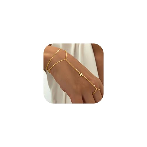 M MOOHAM Initial Hand Chain for Women - Dainty Gold Ring Bracelet Hand Chain for Women Trendy, Letter A-Z Initial Link Charm Bracelets Personalized Gold Jewelry Gifts