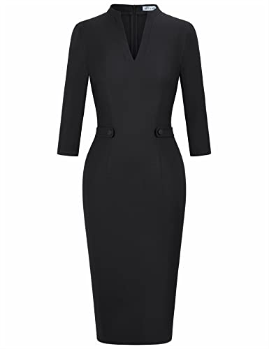 Muxxn Women's Vintage Midi V-Neck 3/4 Sleeve Retro Wear To Work Cocktail Bodycon Pencil Dress Black Xxl #TOP18