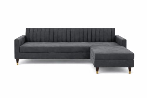 Image of Wooden L Shape Sofa 4 Seater with Ottoman | Velvet Fabric Upholstery | Modern Sectional Wooden Frame Couch for Living Room, Home & Office (Grey)