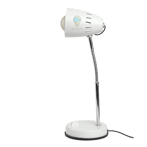 Image of BEHMEK Modern Metal Study Lamp | Adjustable Desk Light for Reading, Study & Office Work | Flexible Neck Table Lamp for Students and Home Office (White)