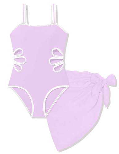 Image of 7-16 Years Girls Swimsuit 2PCS Adjustable Straps Cut Out One Piece Bathing Suit with Solid Color Cover Up Skirt