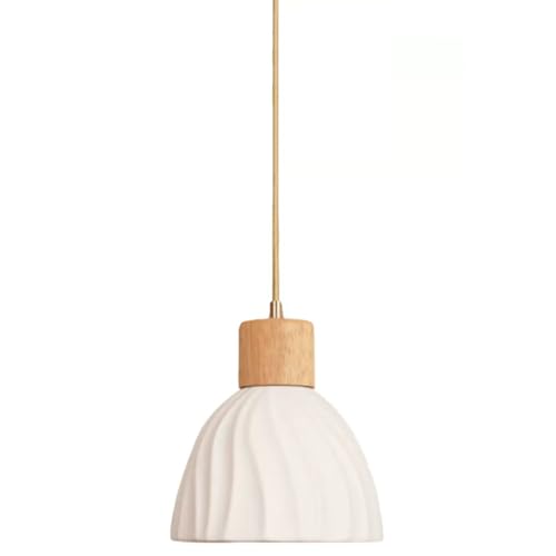 Suspension céramique au design chandelier de ferme avec abat-jour bois ajustable