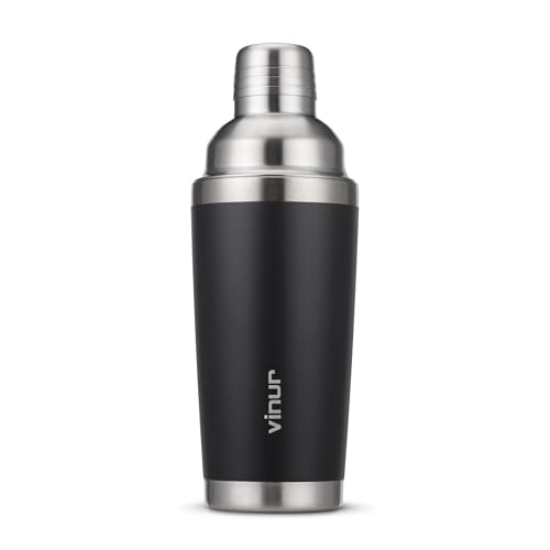 VINUR Insulated Cocktail Shaker, 20 oz Stainless Steel Vacuum Insulated Martini Shaker with Built-in Strainer & Jigger Lid for Home Bartender, Gift for Men & Women, Black