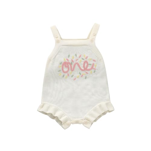 Yanmucy Primer Cumpleaños de punto sin mangas bebé Niña Monos 1er Cumpleaños Niña Outfit 1/2 Cumpleaños Vestido Conjuntos de Primer (Blanco One, 6-12 meses)