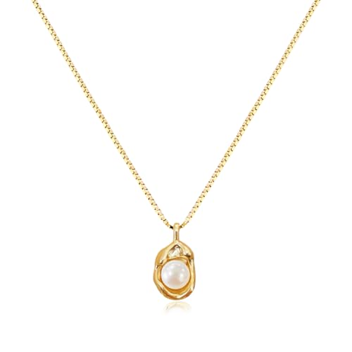 Pearl Necklace 14K Gold Plated Pendant with 6mm Freshwater Pearl Necklaces Gift for Women (055)