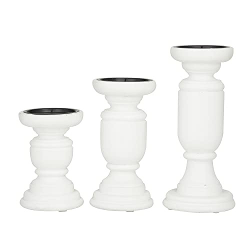 Deco 79 Mango Wood Turned Style Pillar Candle Holder, Set Of 3 10", 8", 6"H, White #TOP5