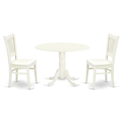 East West Furniture DLVA3-LWH-W 3 Piece Modern Dining Table Set Contains a Round Wooden Table with Dropleaf and 2 Dining Room Chairs, 42x42 Inch, Linen White