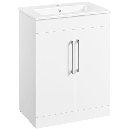 Yaheetech Bathroom Vanity with Ceramic Basin, Free Standing Cabinet with 2 Doors & Rectangular Sink, White Painted Bathroom Storage, 600mm