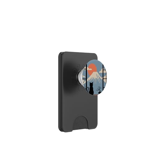 Chat Japonais regardant Le Mont Fuji Coucher de Soleil Calme Kanji Art PopSockets PopWallet pour MagSafe