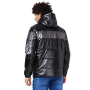 Image of Spykar Men's Standard Length Midnight Nylon Straight Fit Full Sleeve Plain Hooded Puffer Jacket