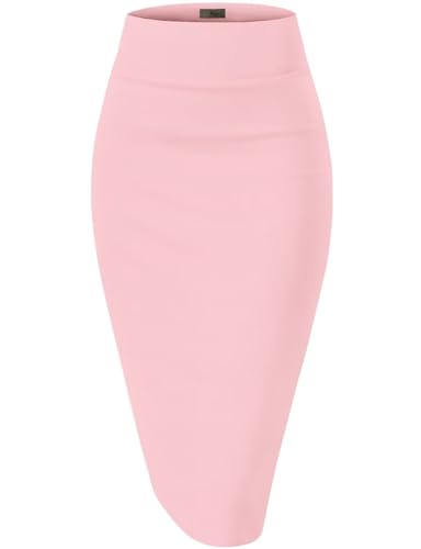 Hybrid & Company Women's Premium Nylon Ponte Stretch High Waist Pencil Suit Skirt Below Knee KSK45002 1073T Blush L