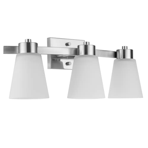 Image of Prominence Home Fairendale 3 Light Brushed Nickel Bathroom Vanity Light with Frosted Glass