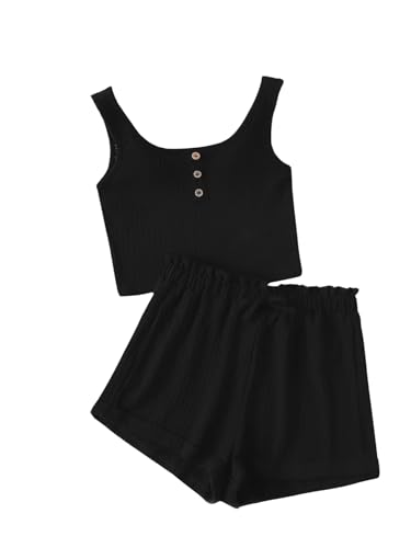 Image of RoseSeek Girl's 2 Piece Outfits Waffle Knit Scoop Neck Button Down Crop Tank Tops Paperbag Waist Track Shorts
