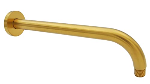 Aquaiaw Shower Arm And O-Ring Flange, 12 Inch, Solid Brass, Round, Both 1/2 Npt Tapered Threads, Bent Shower Arm, Wall Mount Shower Head Extension Arm, Rainfall Shower Head Arm (Brushed Gold) #TOP25
