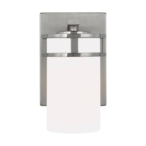 Image of Generation Lighting 4121601-962 Robie Etched /White Glass Cylinder Wall Sconce Lighting Fixture, 1-Light 75 Watt, 8 Inch H x 5 Inch W, Brushed Nickel, Steel Construction