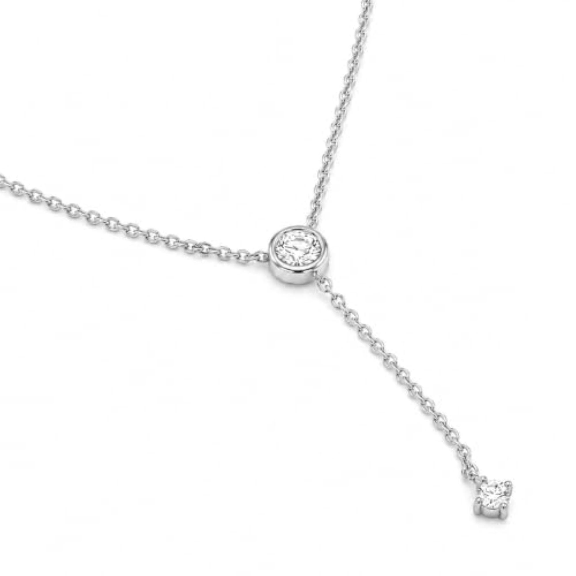 Y-Necklace with Bezel-Set CZ Solitaire and Drop Pendant