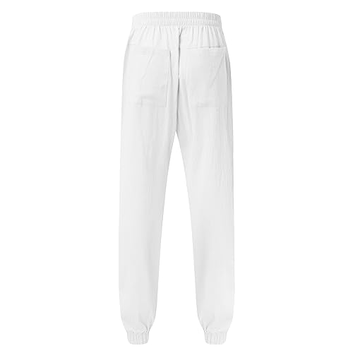 White Linen Pants Drawstring Elastic Waist Skinny-Fit Solid Loose Trousers Fashion Casual Double Pockets Pants4