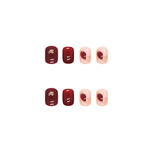Valentine's Day Short Square Fake Nails Red Press On Nail Love Heart False Nail Acrylic Full Cover Nail Accessory For Women Girls Glue On Nails 24Pcs (Love Heart Pattern Checkerboard) #TOP3