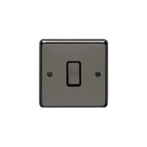 UK Electrical Accessories 1 Gang Single Light Switch - Black Nickel & Black Trim - 2 Way 10 Amp - Dark Gunmetal Decorative Wall Plate & Solid Metal Rocker - On/Off Mains Lighting Switch Cover