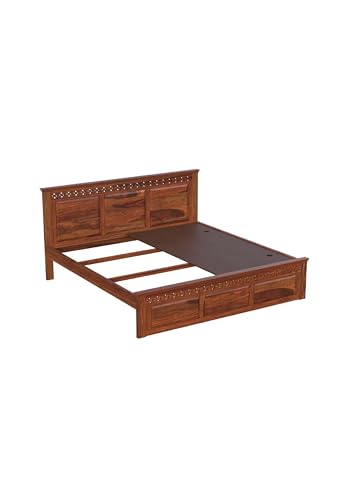 Image of Solid Sheesham Wood Queen Size Bed Without Storage | Wooden Double Bed Cot for Bedroom Furniture | Platform Bed | Palang for Hotels | Honey, Recommended Mattress Size: 78 X 60 Inch