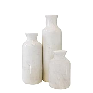 Ceramic Vase Set of Three, Modern Farmhouse Decor with Distressed White/Grey Finish