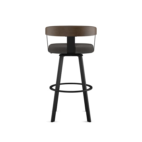 Image of Amisco Lars 30 inch Swivel Bar Height Barstool, Upholstered Stool with Solid Wood Back and Arms for Kitchen Island or Bar, Drees Stool, Charcoal Grey Polyester /Brown Wood /Black Metal