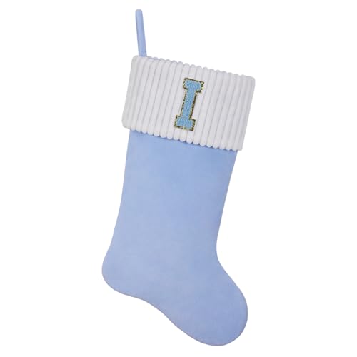 Shgngle 20 Inches Letter Embroidered Christmas Stocking,Personalized Light Blue Velvet Christmas Stocking,Family Holiday Decorations and Xmas Gift(I)