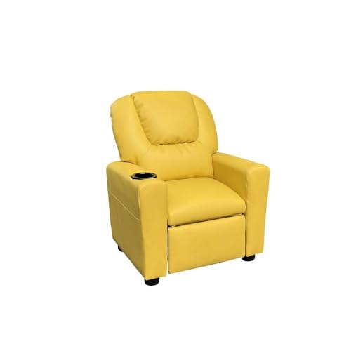 Image of Furnifact Marisa Yellow PU Leather Youth Recliner with Cupholder for Kids 142 inch Seat Height 14 inch Width 106 inch Depth Bright and Fun for a Warm Lifestyle