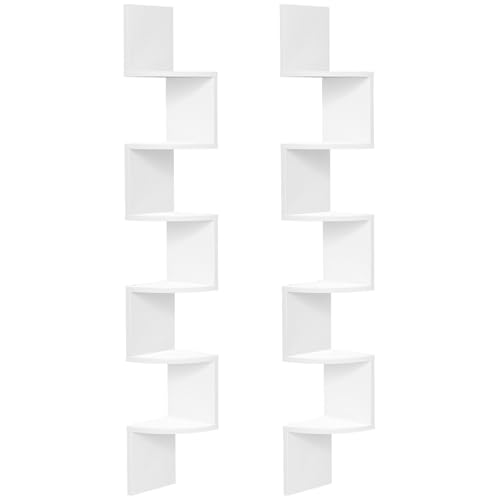 HOOBRO Estantería de Esquina de Pared, Juego de 2, Estantería Esquinera de 6 Niveles, en Zigzag, Ahorro de Espacio, para Sala de Estar, Dormitorio, Comedor, Blanco EWT27BJP201