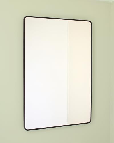 Image of 20x30 Austin Farmhouse Metal Framed Rounded Rectangle Recessed Bathroom Medicine Cabinet, Beveled Mirror, 18x28 in-Wall Opening, powder-coated Steel, Adjustable Glass Shelves, Magnet Close, Black