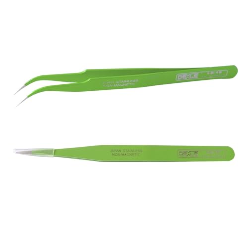 Yaogong Stainless Steel Slant Tips Pointed And Curved Tweezer (Green) 2 Pieces Set Both For Eyebrow Hari, Facial Hair Removal and Phone Repairing1.8MM Thickness
