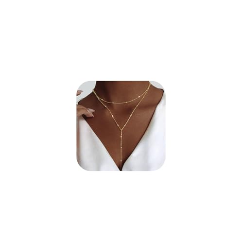 luxval lariat gold necklace for women dainty long necklace 14k gold platedsilver y-shaped pendant necklaces trendy beaded chain drop necklaces jewelry for women gifts
