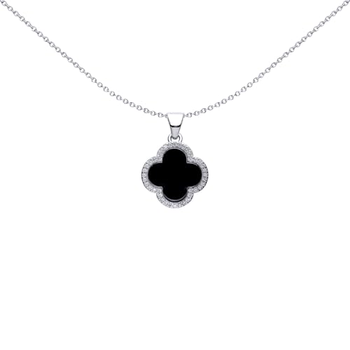 Image of Jewelco London Rhodium Silver Black Clover Onyx & CZ Halo Lucky Charm Charm Pendant