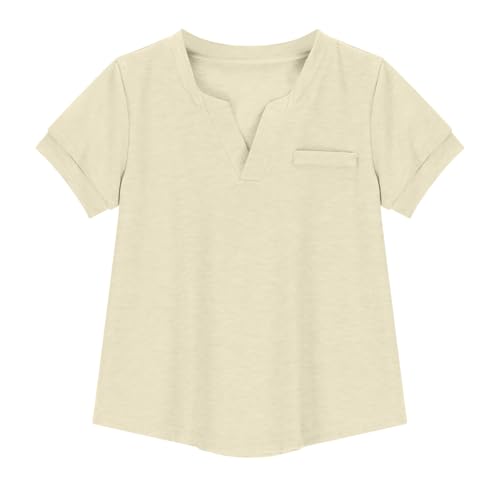 Girls Shirts Fashion 2025 Short Sleeve V Neck Solid Color Cute Summer Blouse Comfy Casual Sports Tee Tops for 3-14Y4