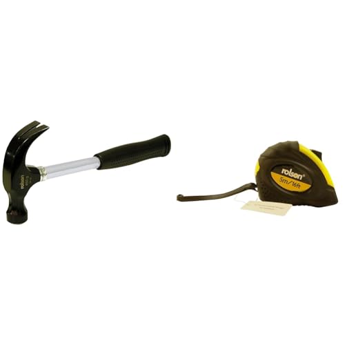 Rolson 10339 16 oz Claw Hammer Tubular Steel, Silver Black & 50535 5 m x 19 mm Tape Measure, Yellow & Black